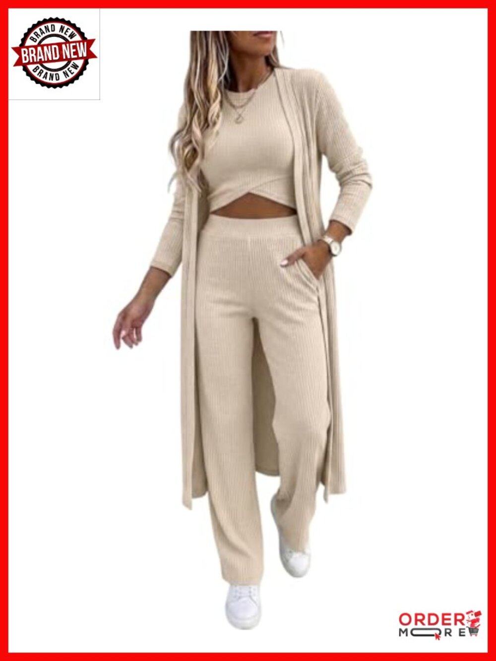 Ribbed 3 Piece Lounge Set Cardigan Tank Wide Leg Pant